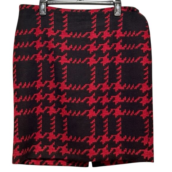 Talbots Womens Size 16 Wool Red Black Houndstooth Skirt Academia Office Siren - Picture 2 of 10